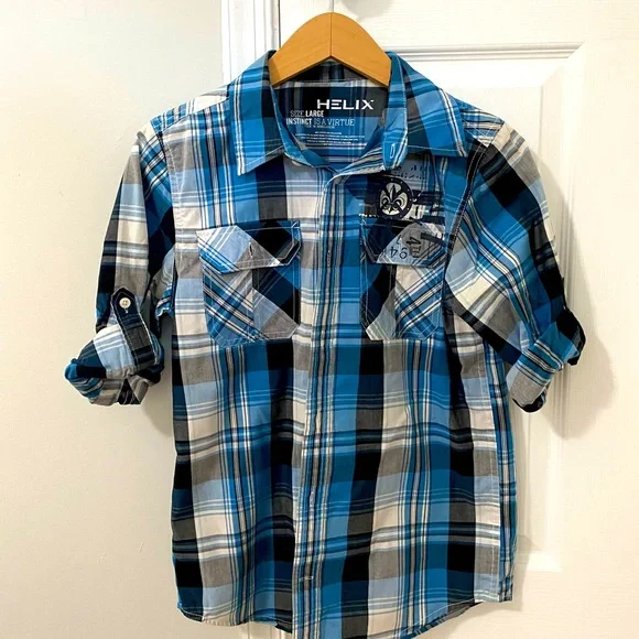 helix dress shirts Helix Button Up Shirt Mens XL Blue White Plaid Athletic Fit Snap Flap Pocket